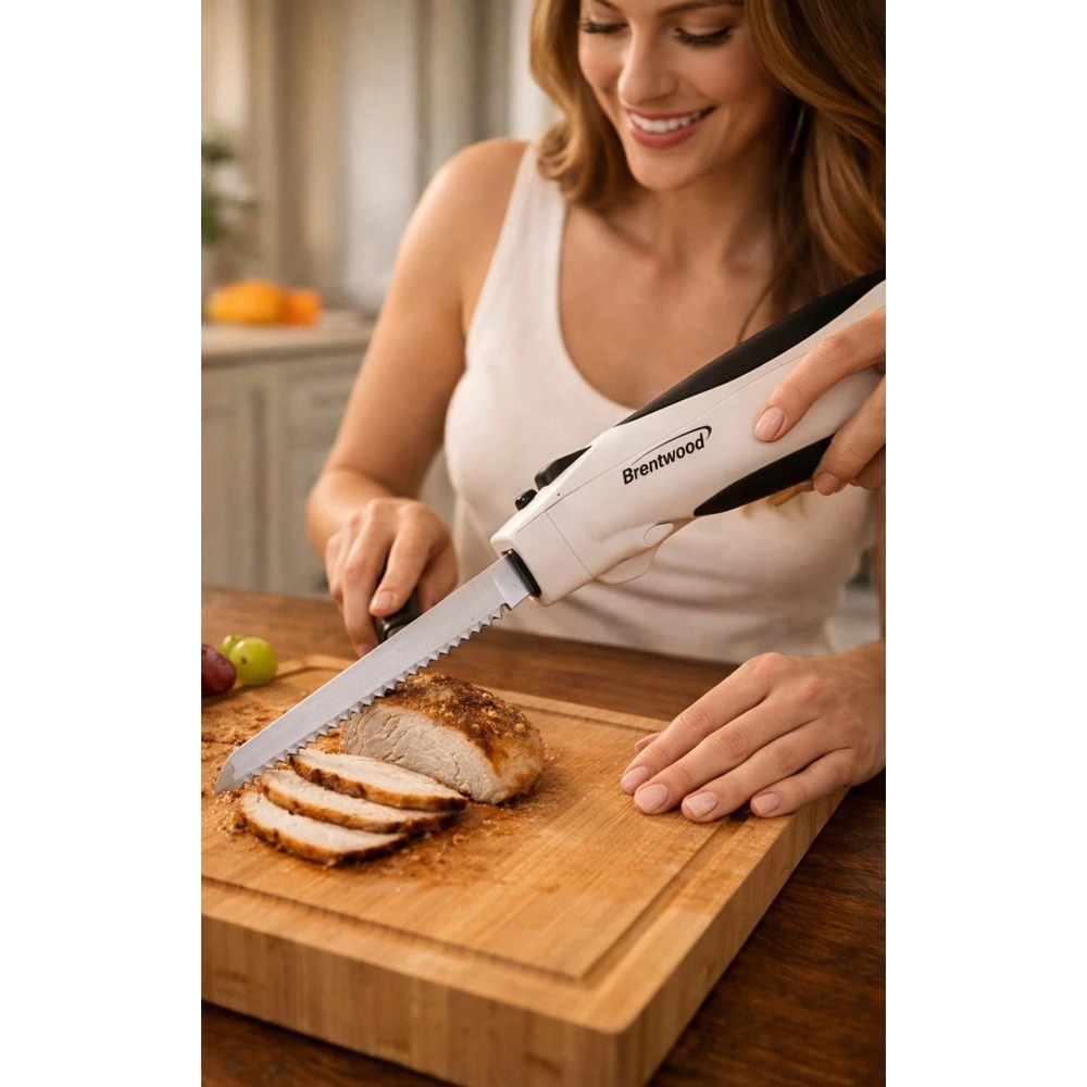 Brentwood TS-1010 Electric Carving Knife 110W White 7in Serrated SS Blades NEW